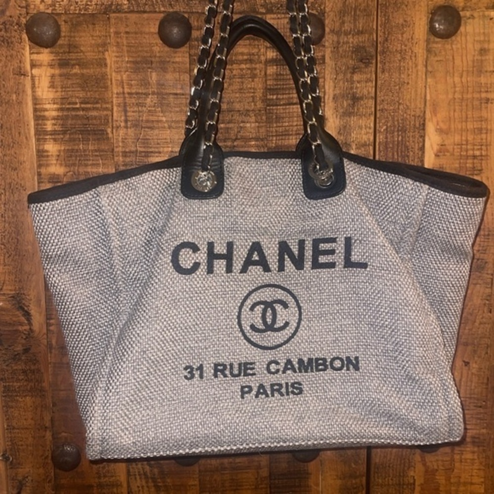 Authentic CHANEL CC Canvas Deauville Tote Chain Shoulder Bag